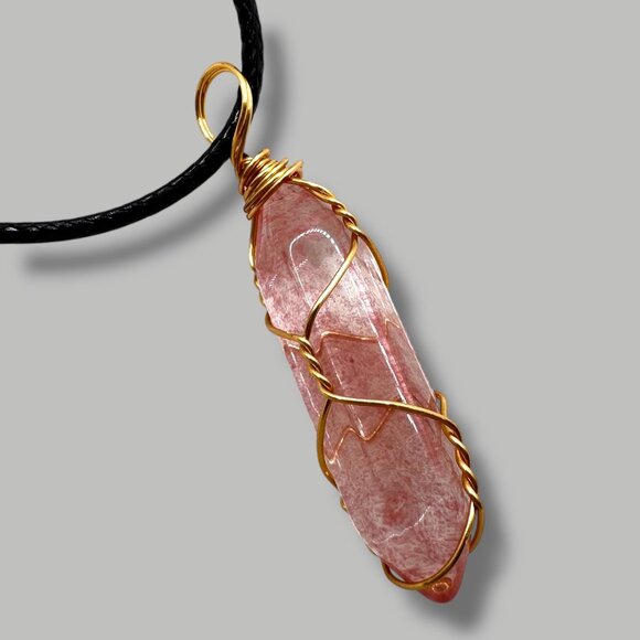 Handmade Pink Crystal Necklace Wrapped In Gold Wire With Black Cord AdJ Necklace - Picture 3 of 9